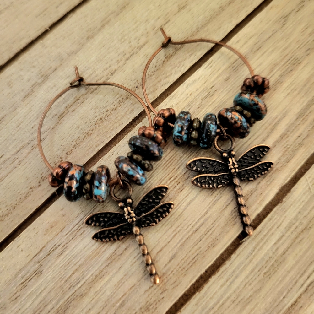 Handmade Copper Dragonfly Hoop Earrings with Blue Beaded Accents